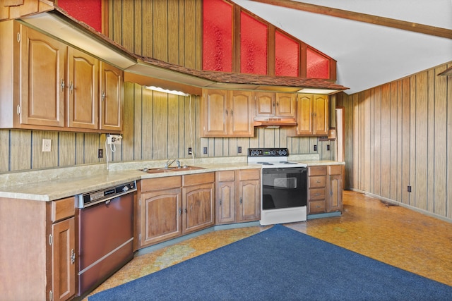 kitchen with electric range oven, wooden walls, lofted ceiling, sink, and dishwashing machine