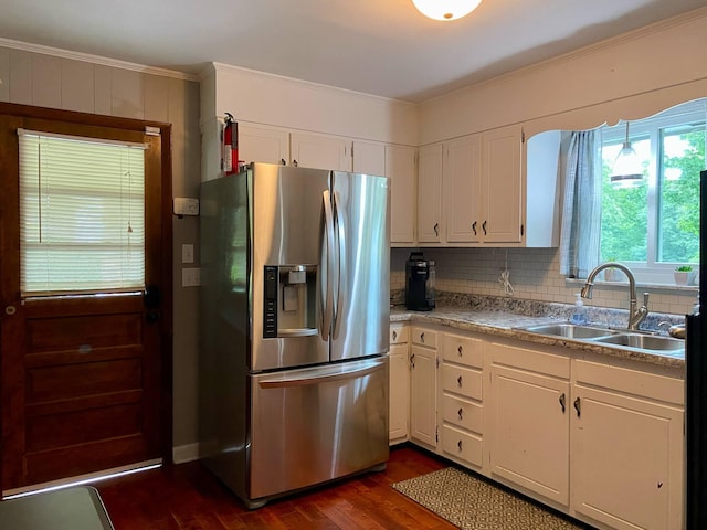1578 Golf Course Rd, Newport, TN 37821 - kitchen featuring stainless steel fridge, a sink, dark wood finished floors, white cabinets, and ornamental molding