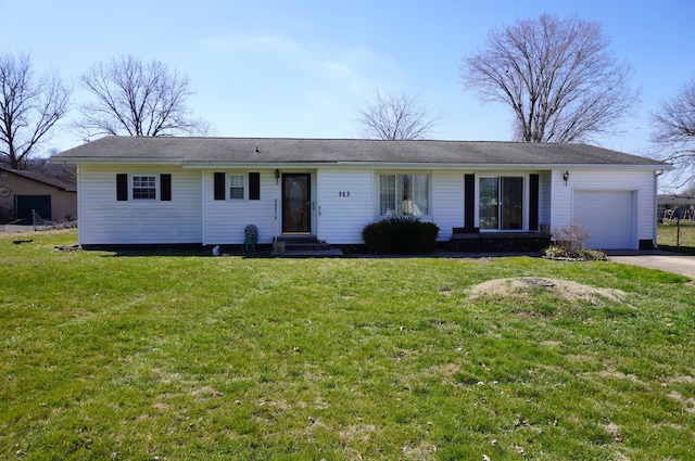 ranch-style home featuring a garage, aphalt driveway, a front yard, and entry steps