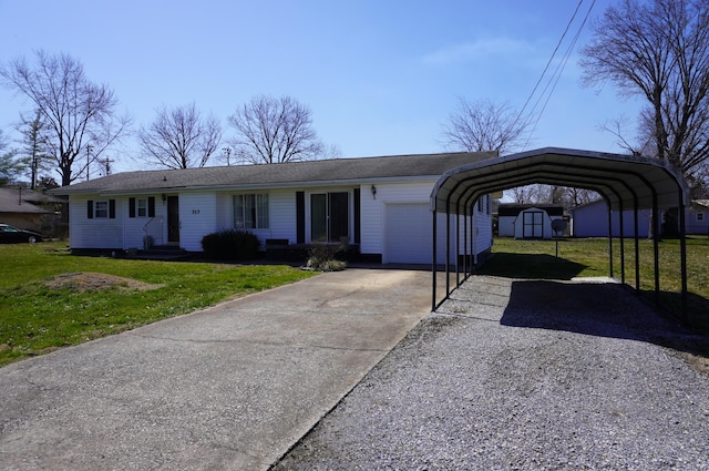 view of front of property featuring a front lawn, driveway, a shed, a detached carport, and an outdoor structure