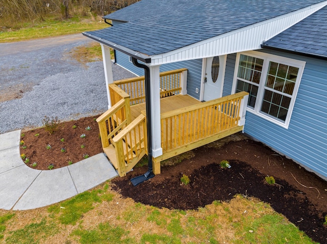 view of home's exterior with a shingled roof and a deck