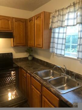 kitchen with ventilation hood, black range oven, and sink