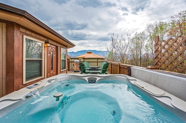 view of pool with a hot tub and a deck