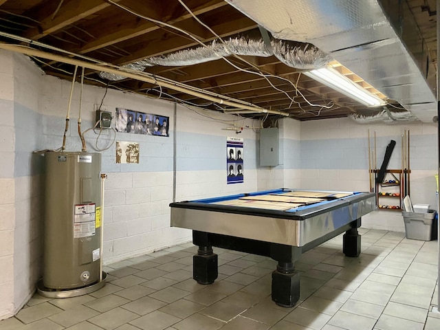 recreation room featuring tile patterned flooring, electric panel, billiards, and water heater