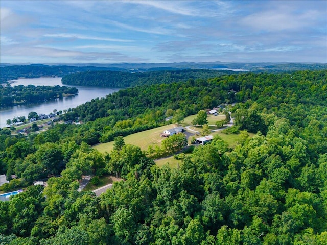 birds eye view of property featuring a water view and a view of trees