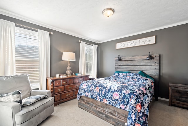 carpeted bedroom with crown molding