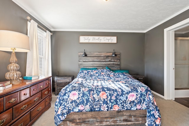 bedroom with light carpet, baseboards, and ornamental molding