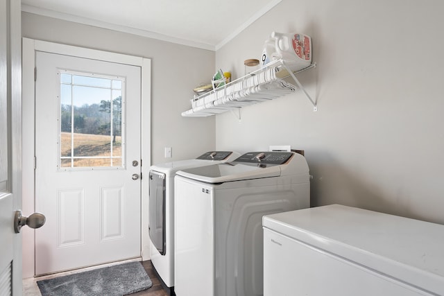 laundry area with laundry area, ornamental molding, and washer and clothes dryer