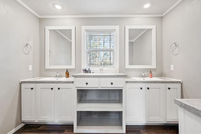 bathroom featuring crown molding, two vanities, baseboards, and a sink