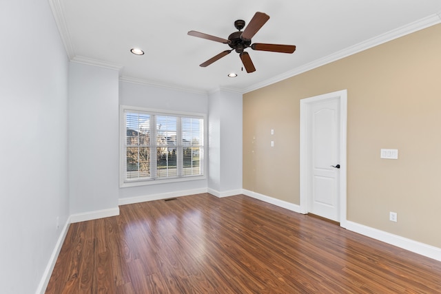 unfurnished room with ceiling fan, dark wood-type flooring, and ornamental molding