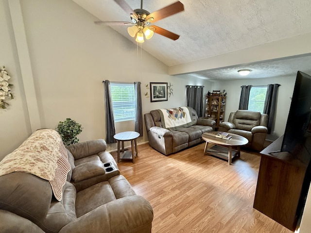 3500 Poor Valley Rd, Rutledge, TN 37861 - living room with ceiling fan, light wood-style floors, a textured ceiling, and vaulted ceiling