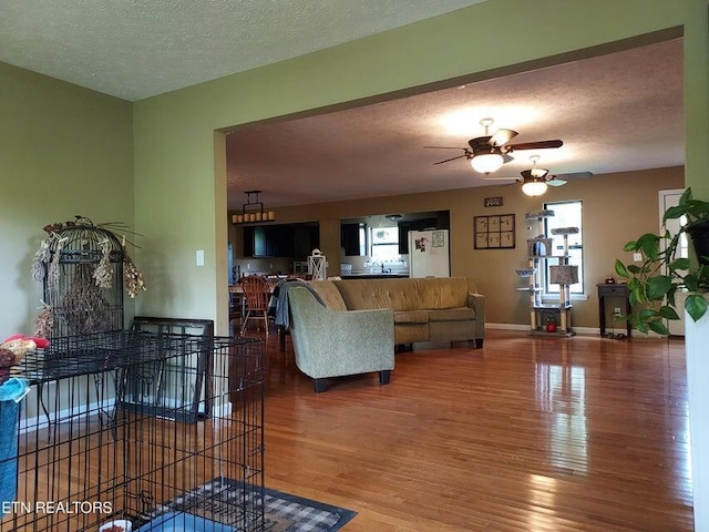 living room featuring wood-type flooring, a textured ceiling, and ceiling fan