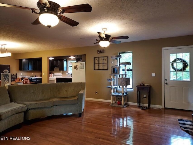 living room with dark hardwood / wood-style floors, sink, and a textured ceiling