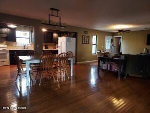 dining area with ceiling fan, dark wood-type flooring, and sink