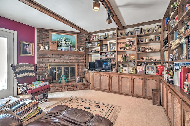 310 Par Ln, Greeneville, TN 37743 - carpeted living area featuring a brick fireplace and beamed ceiling