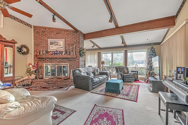 310 Par Ln, Greeneville, TN 37743 - living room featuring ceiling fan, a fireplace, carpet floors, high vaulted ceiling, and beamed ceiling