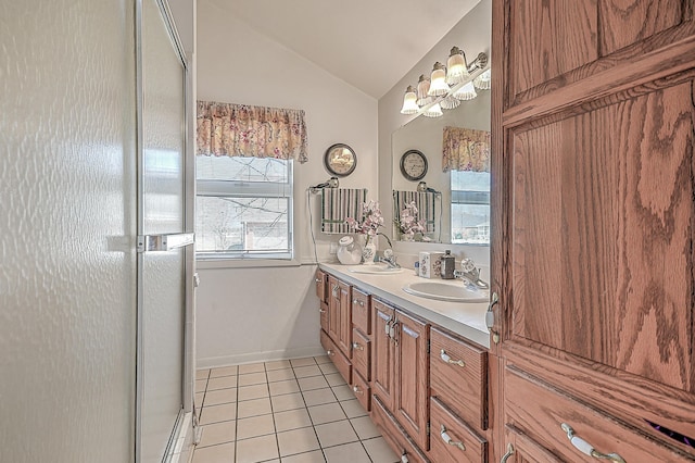 310 Par Ln, Greeneville, TN 37743 - bathroom featuring double vanity, tile patterned floors, a sink, and lofted ceiling