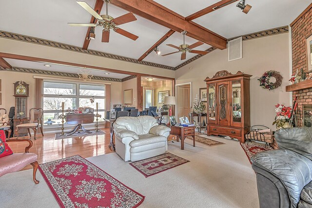 310 Par Ln, Greeneville, TN 37743 - living area with ceiling fan, beam ceiling, and high vaulted ceiling