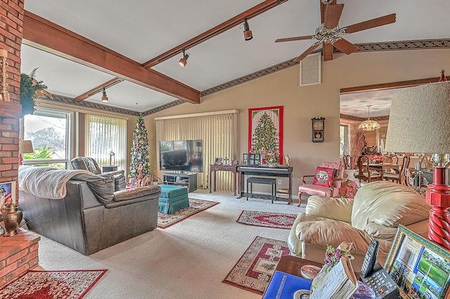 310 Par Ln, Greeneville, TN 37743 - living room with carpet flooring, a ceiling fan, track lighting, and lofted ceiling