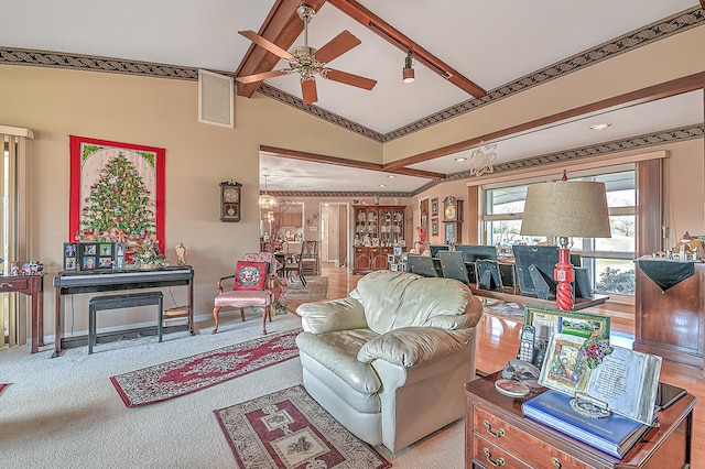 310 Par Ln, Greeneville, TN 37743 - living room with high vaulted ceiling, ceiling fan with notable chandelier, recessed lighting, baseboards, and beamed ceiling