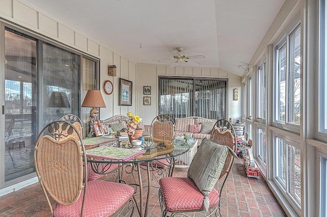 310 Par Ln, Greeneville, TN 37743 - sunroom / solarium with ceiling fan, vaulted ceiling, and brick floor