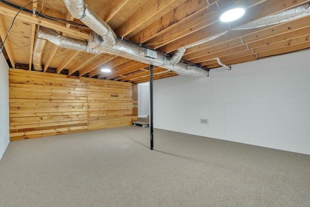 below grade area with wood walls and carpet flooring