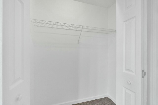 walk in closet featuring dark carpet