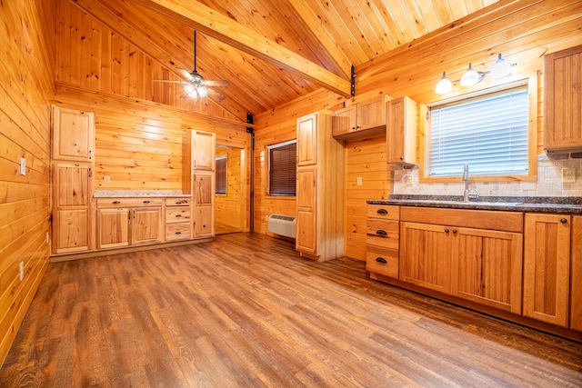292 Burkhart Rd, Rutledge, TN 37861 - kitchen with wood finished floors, wood walls, a ceiling fan, a wall mounted air conditioner, and wooden ceiling