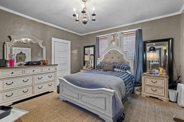 323 Pauline Ave, Morristown, TN 37813 - bedroom with a chandelier, a textured ceiling, ornamental molding, and light colored carpet