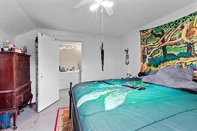 323 Pauline Ave, Morristown, TN 37813 - bedroom with crown molding, ceiling fan, vaulted ceiling, and connected bathroom