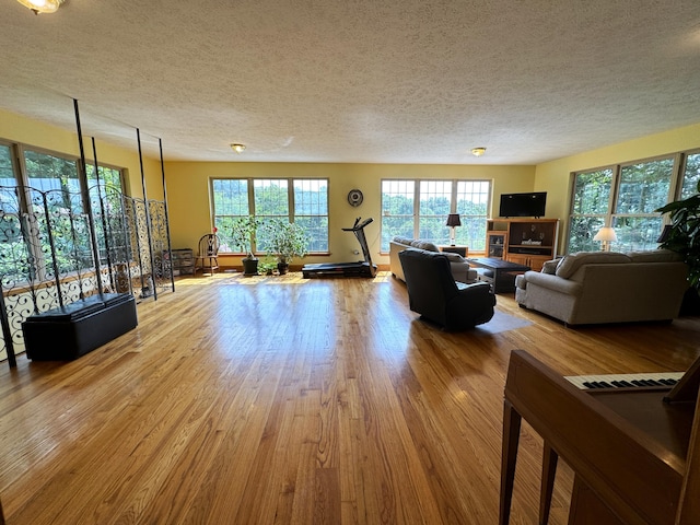 living room with light hardwood / wood-style floors and a textured ceiling