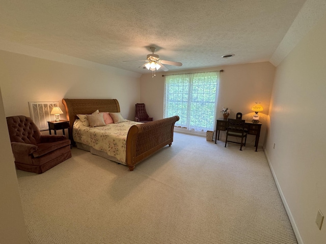 bedroom featuring light carpet, a textured ceiling, access to outside, ceiling fan, and lofted ceiling