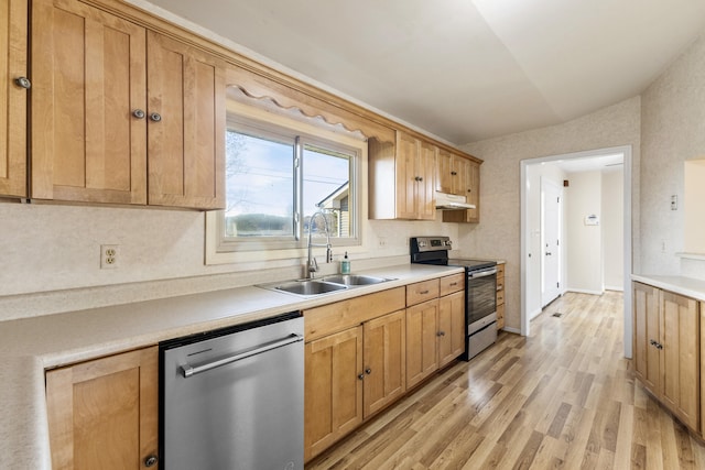 kitchen featuring appliances with stainless steel finishes, sink, and light wood-type flooring