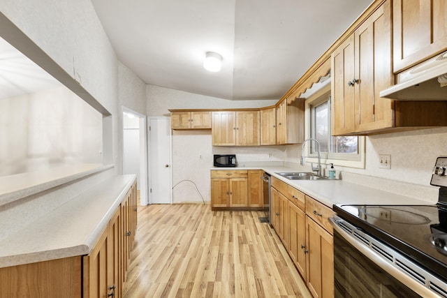 kitchen with sink, light hardwood / wood-style flooring, backsplash, stainless steel appliances, and vaulted ceiling