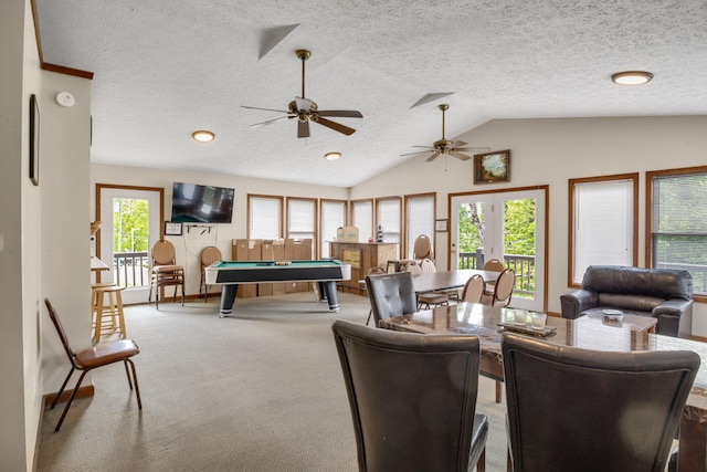 game room with lofted ceiling, billiards, carpet flooring, a textured ceiling, and a ceiling fan