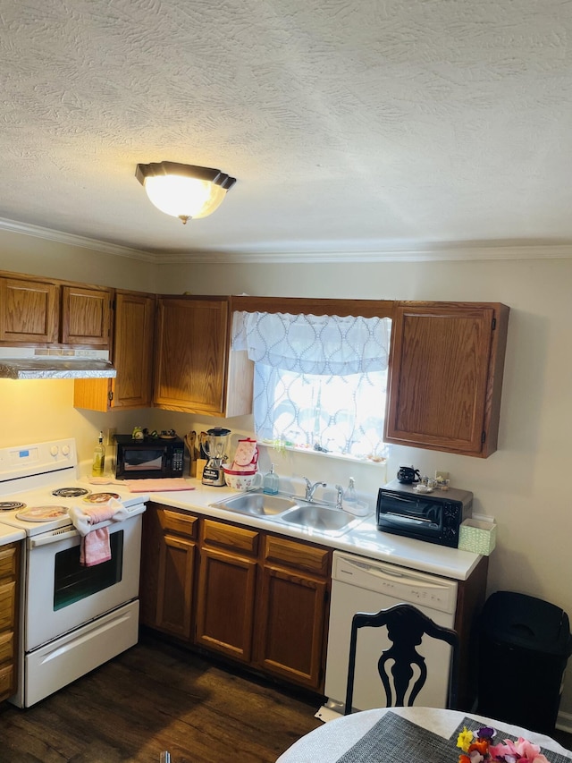 4051 Wynn St, Morristown, TN 37814 - kitchen featuring white appliances, a sink, light countertops, ornamental molding, and dark wood finished floors