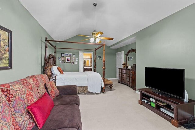 bedroom featuring baseboards, ceiling fan, carpet flooring, and lofted ceiling