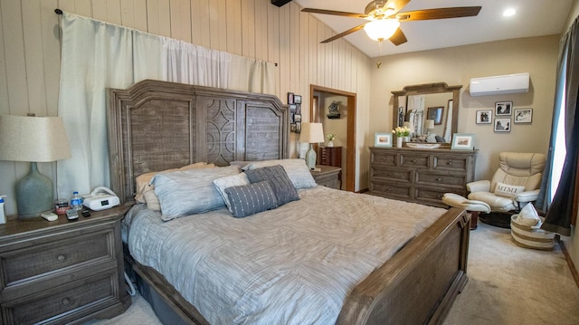 bedroom with lofted ceiling, a wall mounted AC, light carpet, and ceiling fan