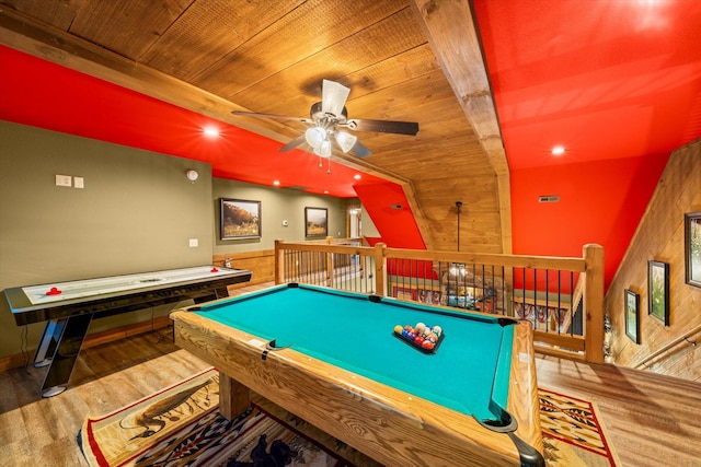game room with hardwood / wood-style flooring, ceiling fan, wooden ceiling, and billiards