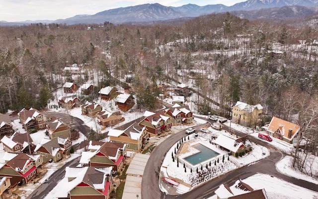 snowy aerial view featuring a mountain view