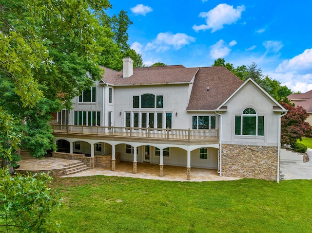 1647 Talon Ct, Talbott, TN 37877 - back of property with stucco siding, a shingled roof, a patio, a lawn, and a chimney
