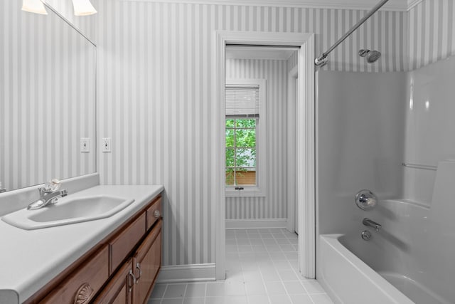 1647 Talon Ct, Talbott, TN 37877 - full bathroom with wallpapered walls, tile patterned floors, baseboards, tub / shower combination, and vanity