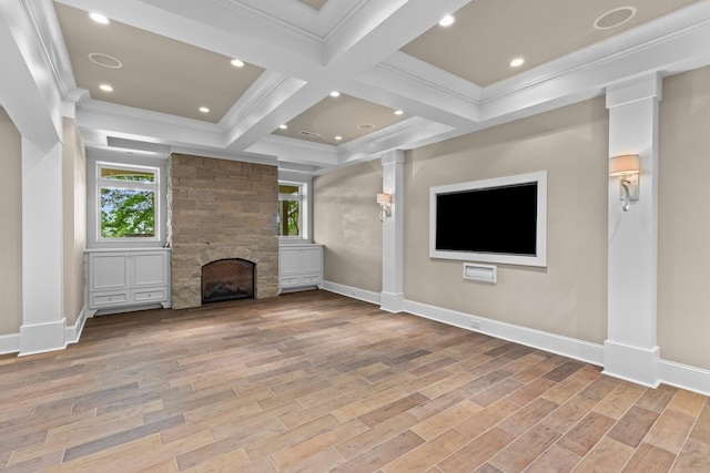 1647 Talon Ct, Talbott, TN 37877 - unfurnished living room with crown molding, ornate columns, baseboards, coffered ceiling, and wood finished floors