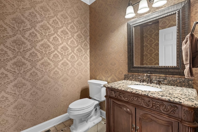 1647 Talon Ct, Talbott, TN 37877 - half bathroom featuring baseboards, wallpapered walls, toilet, vanity, and tile patterned flooring
