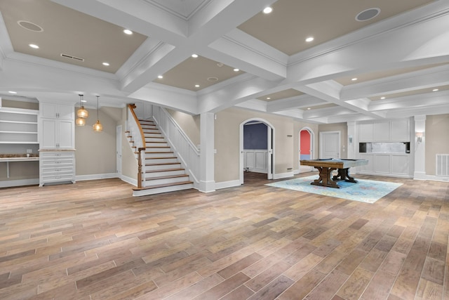 1647 Talon Ct, Talbott, TN 37877 - recreation room featuring coffered ceiling, baseboards, arched walkways, billiards, and beam ceiling