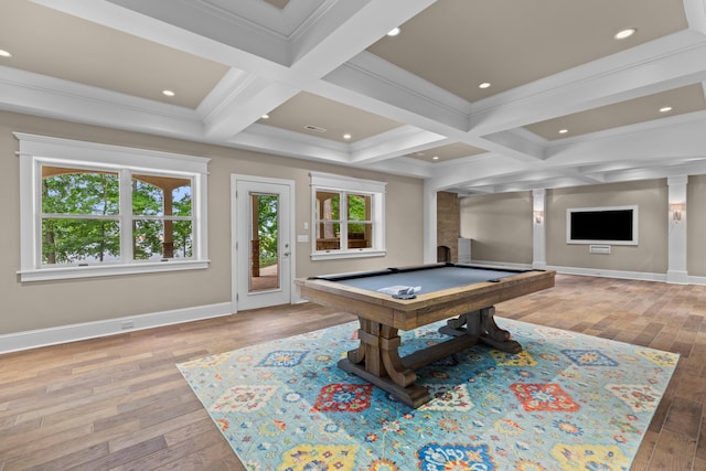 1647 Talon Ct, Talbott, TN 37877 - rec room with pool table, hardwood / wood-style floors, coffered ceiling, baseboards, and beamed ceiling