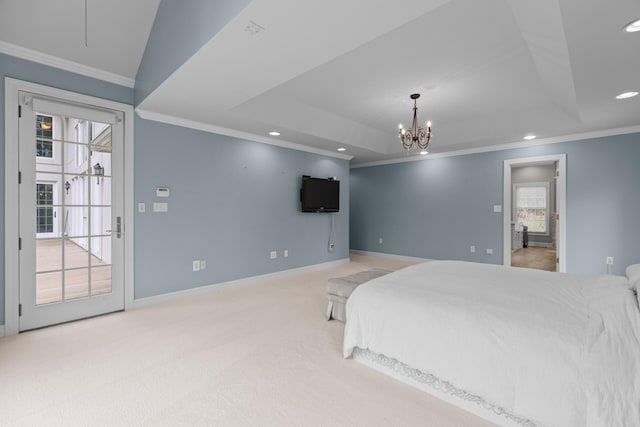 1647 Talon Ct, Talbott, TN 37877 - carpeted bedroom with crown molding, access to exterior, a raised ceiling, recessed lighting, and baseboards