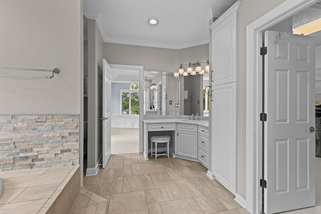 1647 Talon Ct, Talbott, TN 37877 - full bathroom featuring ornamental molding, vanity, stone finish flooring, and recessed lighting