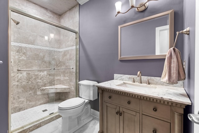 1647 Talon Ct, Talbott, TN 37877 - bathroom with marble finish flooring, a stall shower, toilet, baseboards, and vanity