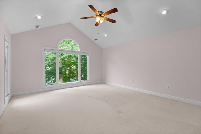 1647 Talon Ct, Talbott, TN 37877 - spare room with vaulted ceiling, ceiling fan, baseboards, light carpet, and recessed lighting